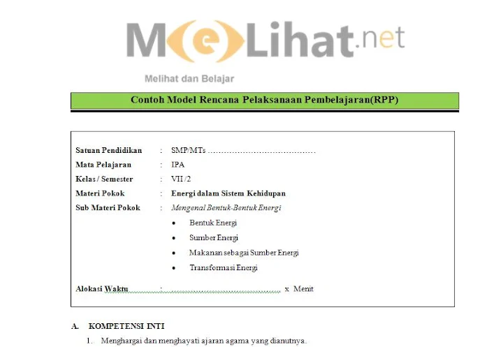RPP IPA SMP-MTs Kurikulum 2013 Kelas VII-7 Terbaru