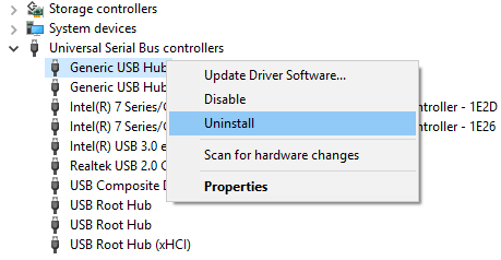 Rozbalte řadiče Universal Serial Bus a odinstalujte všechny řadiče USB