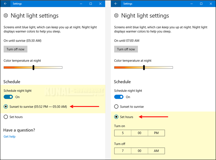 How to configure the Windows 10 'Night Light' settings? (www.kunal-chowdhury.com)