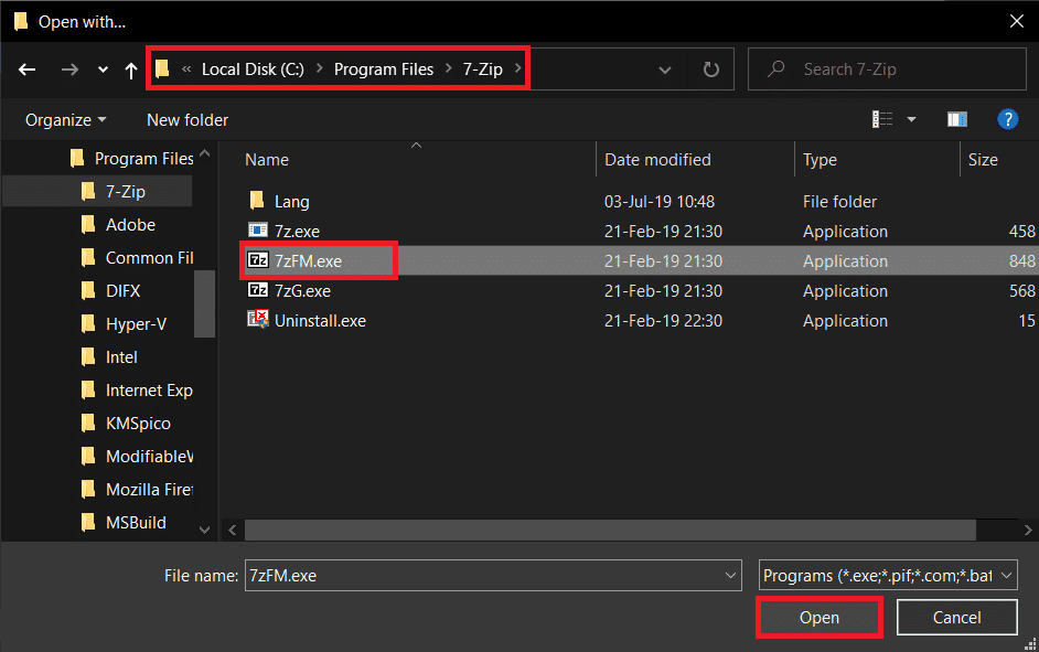 ไปที่ C:\Program Files\7-Zip เลือก 7zFM.exe แล้วคลิก Open