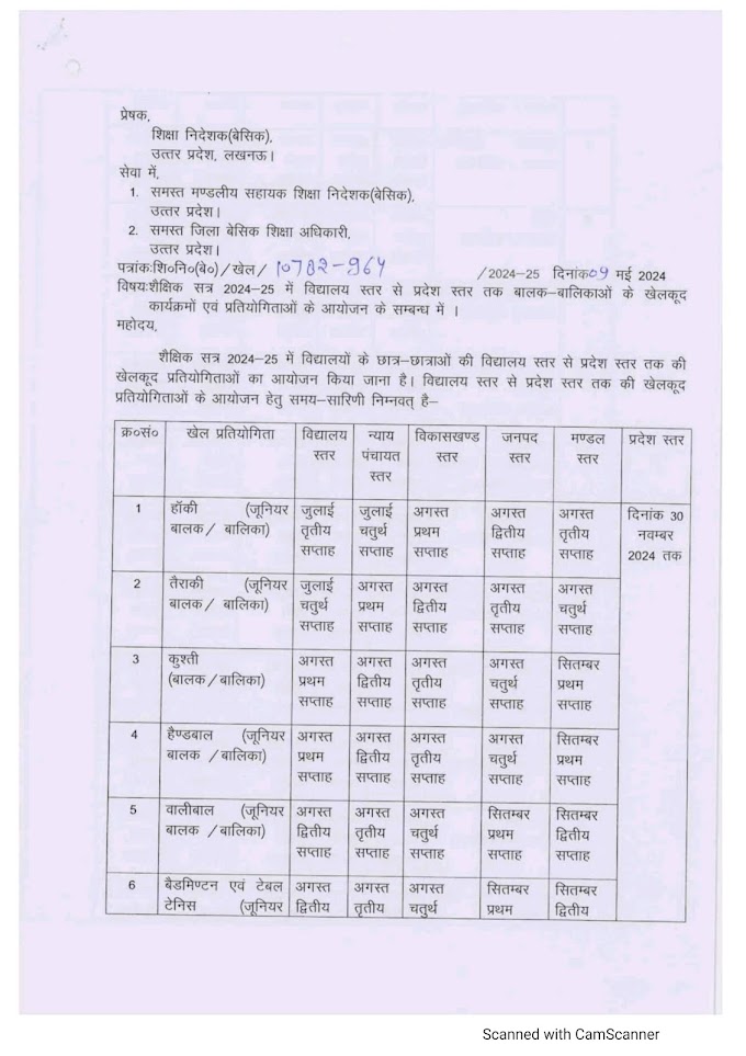 शैक्षिक सत्र 2024-25 में विद्यालय स्तर से प्रदेश स्तर तक बालक-बालिकाओं के खेलकूद कार्यक्रमों एवं प्रतियोगिताओं के आयोजन के सम्बन्ध में।