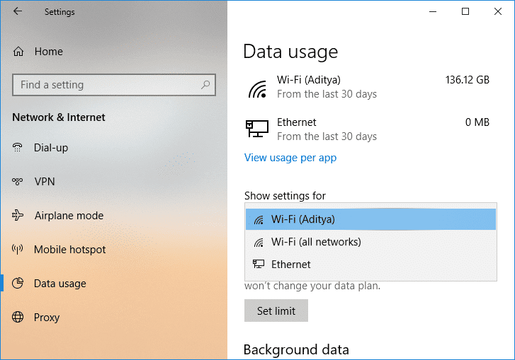 En el menú desplegable Mostrar configuración para, seleccione la conexión de red para la que desea establecer un límite de datos