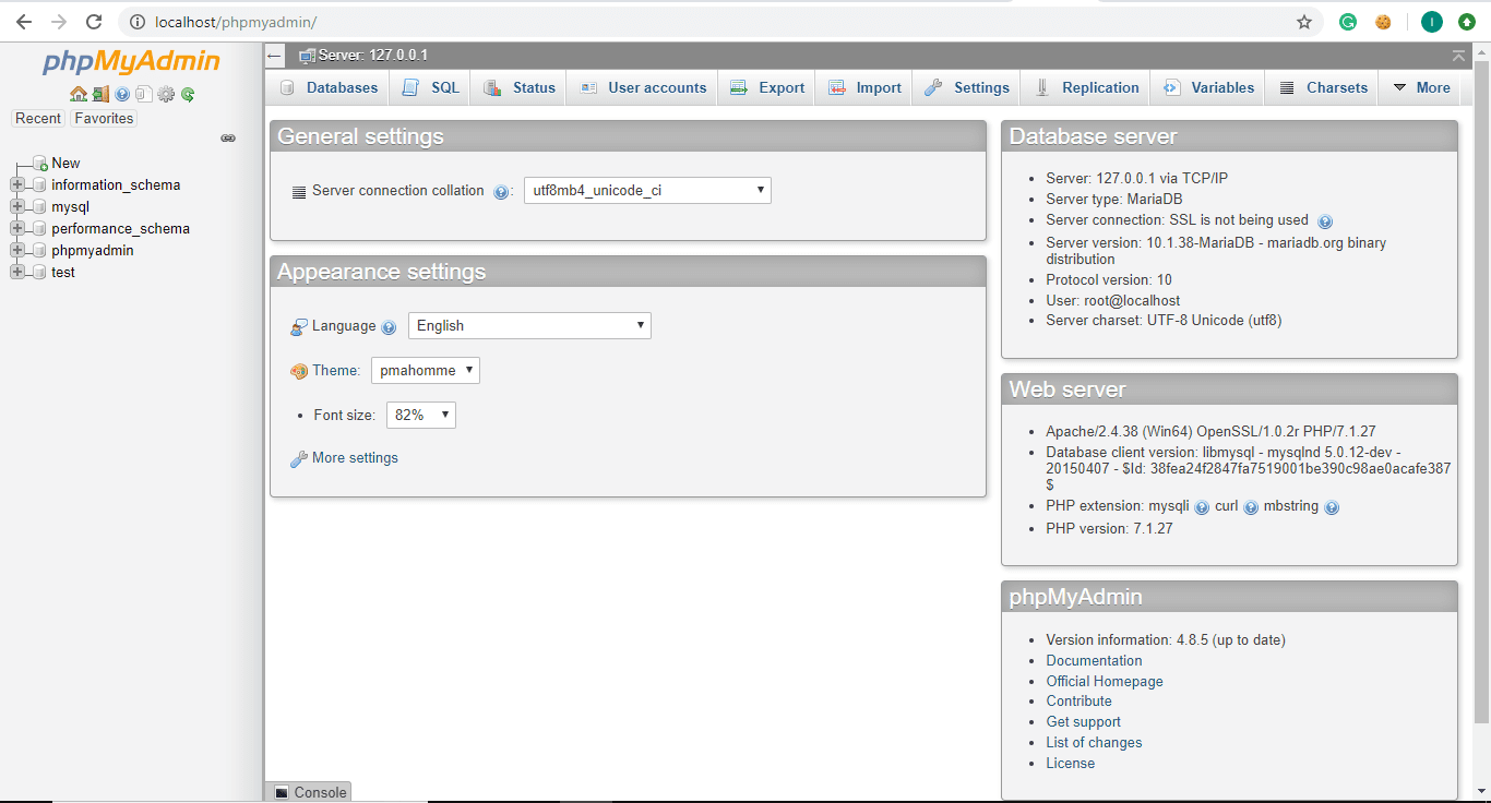 На странице XAMPP по умолчанию нажмите phpMyAdmin, чтобы увидеть консоль phpMyAdmin.