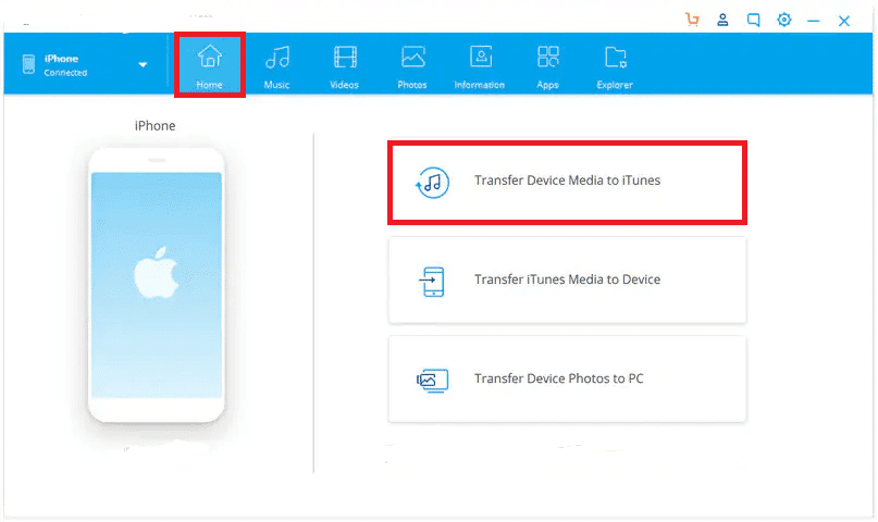 ไปที่หน้าจอหลักและคลิกที่ Transfer Device Media to iTunes