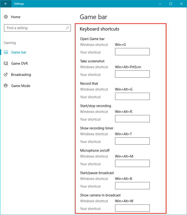 Windows 10, barra de juegos, accesos directos