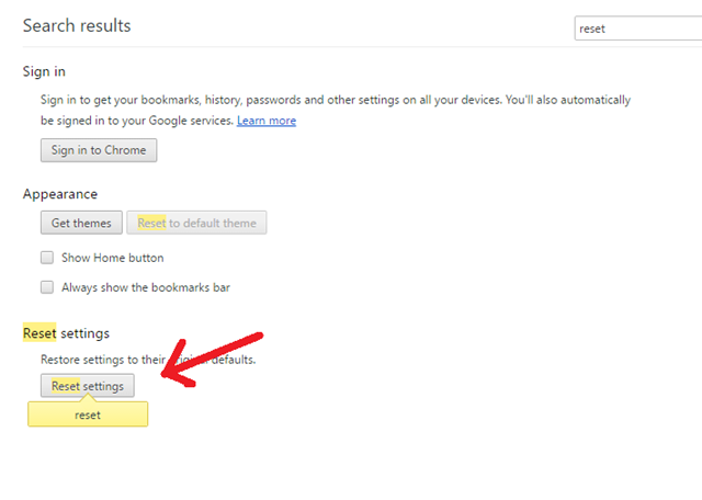 chrome reset settings