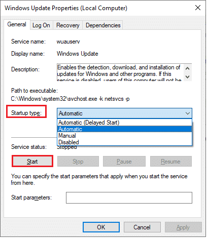 définissez le type de démarrage sur Automatique.  Correction de l'erreur de mise à jour Windows 10 0x80072ee7