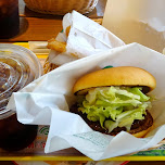 coffee and a delicious buger at Freshness Burger in Shinagawa, Japan 