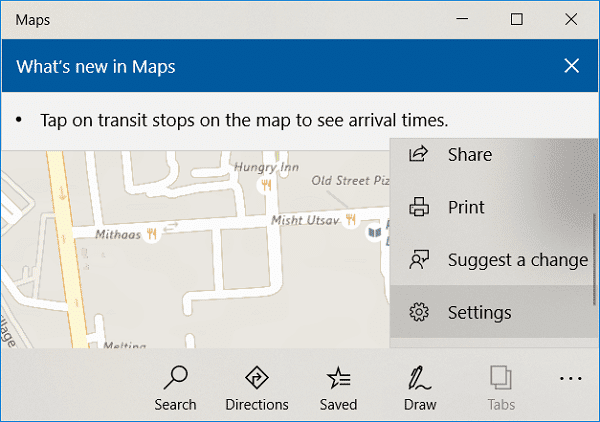 Klik in het Maps-venster op drie stippen en klik vervolgens op Instellingen