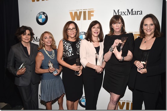 BEVERLY HILLS, CA - JUNE 15: (L-R) Honorees Lianne Halfon, Lynda Obst, Denise Di Novi, Lauren Shuler Donner, Jane Rosenthal and Lucy Fisher pose with The Crystal Award for Excellence in Film during the Women In Film 2016 Crystal + Lucy Awards Presented by Max Mara and BMW at The Beverly Hilton on June 15, 2016 in Beverly Hills, California.  (Photo by Alberto E. Rodriguez/Getty Images for Women In Film)