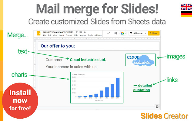 Screenshot of Slides Creator - Mail merge for Slides