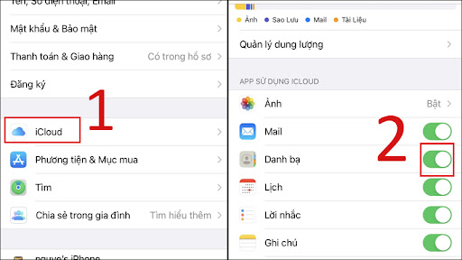 Tại mục APP SỬ DỤNG ICLOUD hãy đảm bảo Danh bạ đã được bật