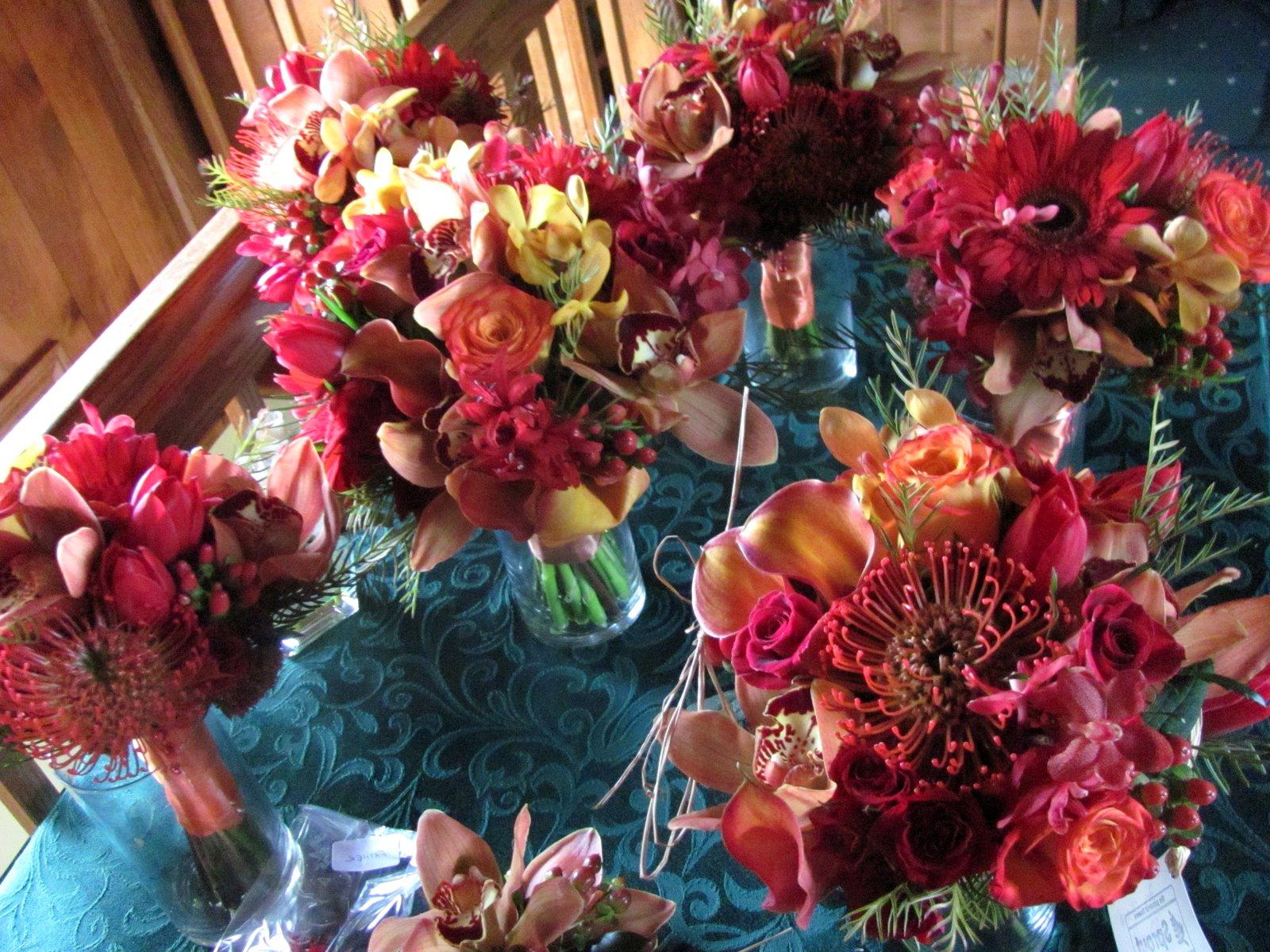 spray roses, red nerine