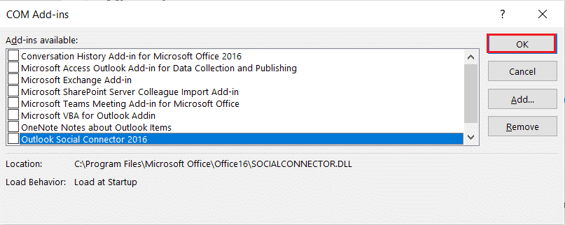 bỏ chọn tất cả các phần bổ sung COM và bấm OK.  Cách sửa lỗi Outlook App không mở được trong PC chạy Windows 10