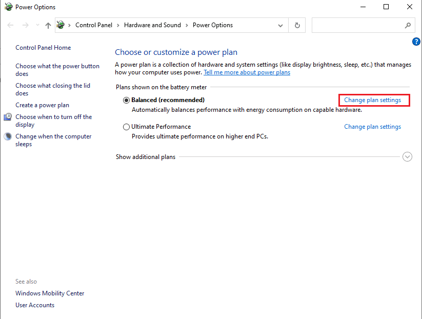 Kliknij Zmień ustawienia planu |  Napraw zacinanie się dźwięku w systemie Windows 10