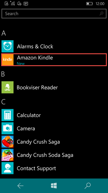 App Amazon Kindle, Windows 10 Mobile