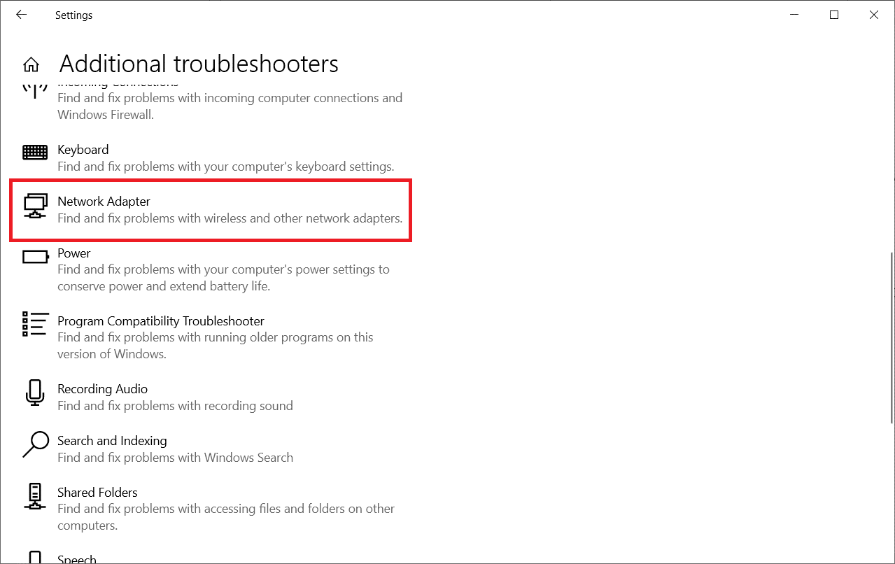 vyberte Síťový adaptér, který se zobrazí v části Najít, a opravte další problémy