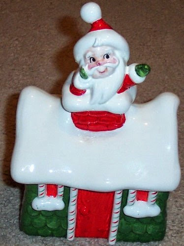  Vintage Lefton Japan Ceramic Christmas Cookie Jar - Santa in Chimney of House