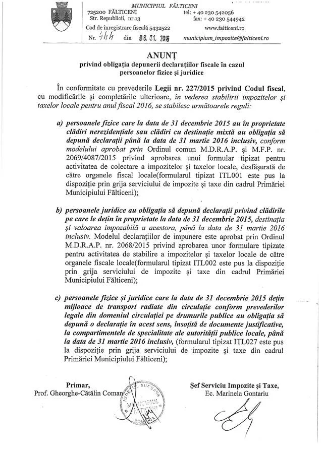 Anunț privind obligația depunerii declarațiilor fiscale în cazul persoanelor fizice și juridice - Primăria municipiului Fălticeni