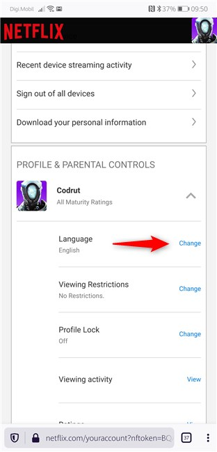 Il collegamento per la modifica della lingua Netflix