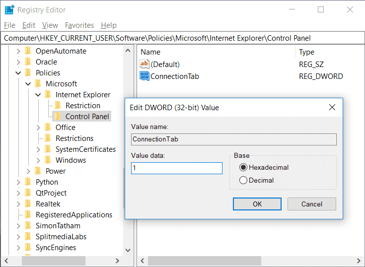 将此新 DWORD 命名为 ConnectionTab 并将其值数据更改为“1”