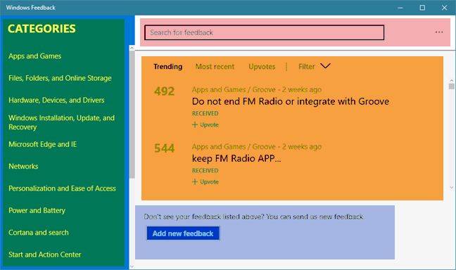 Comentarios de Windows, aplicación, Windows 10, Microsoft, informe, problemas, características