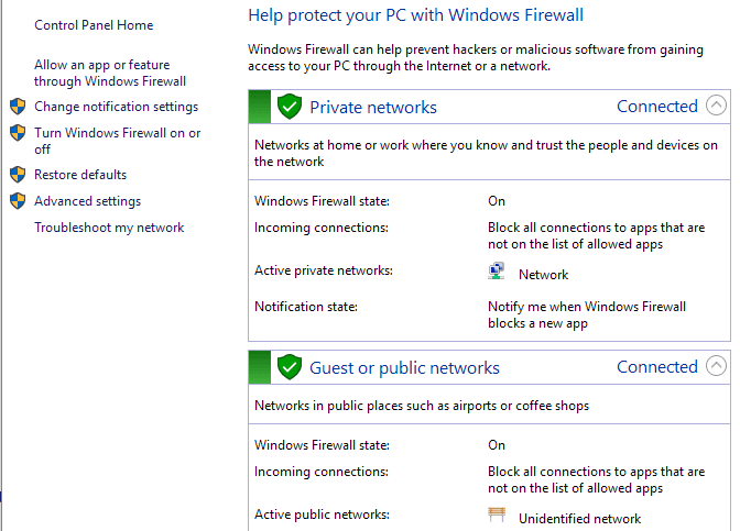 finestra di dialogo firewall