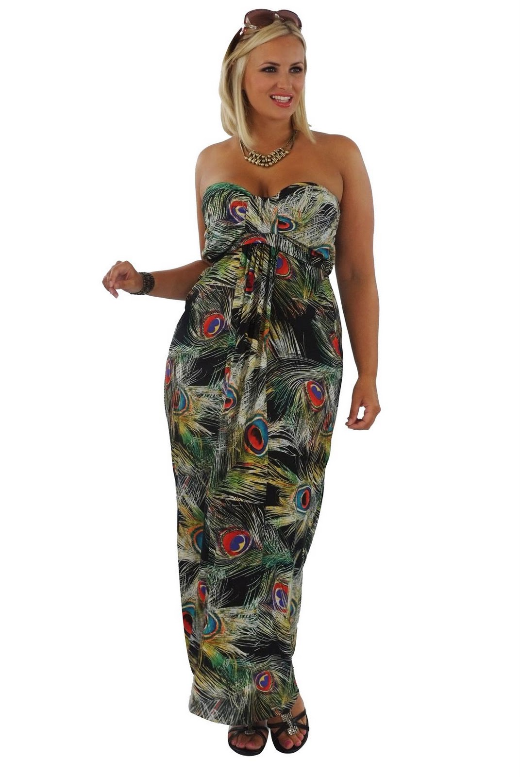 Multi Peacock Feather Print Bandeau Maxi Dress. Rollover image to zoom