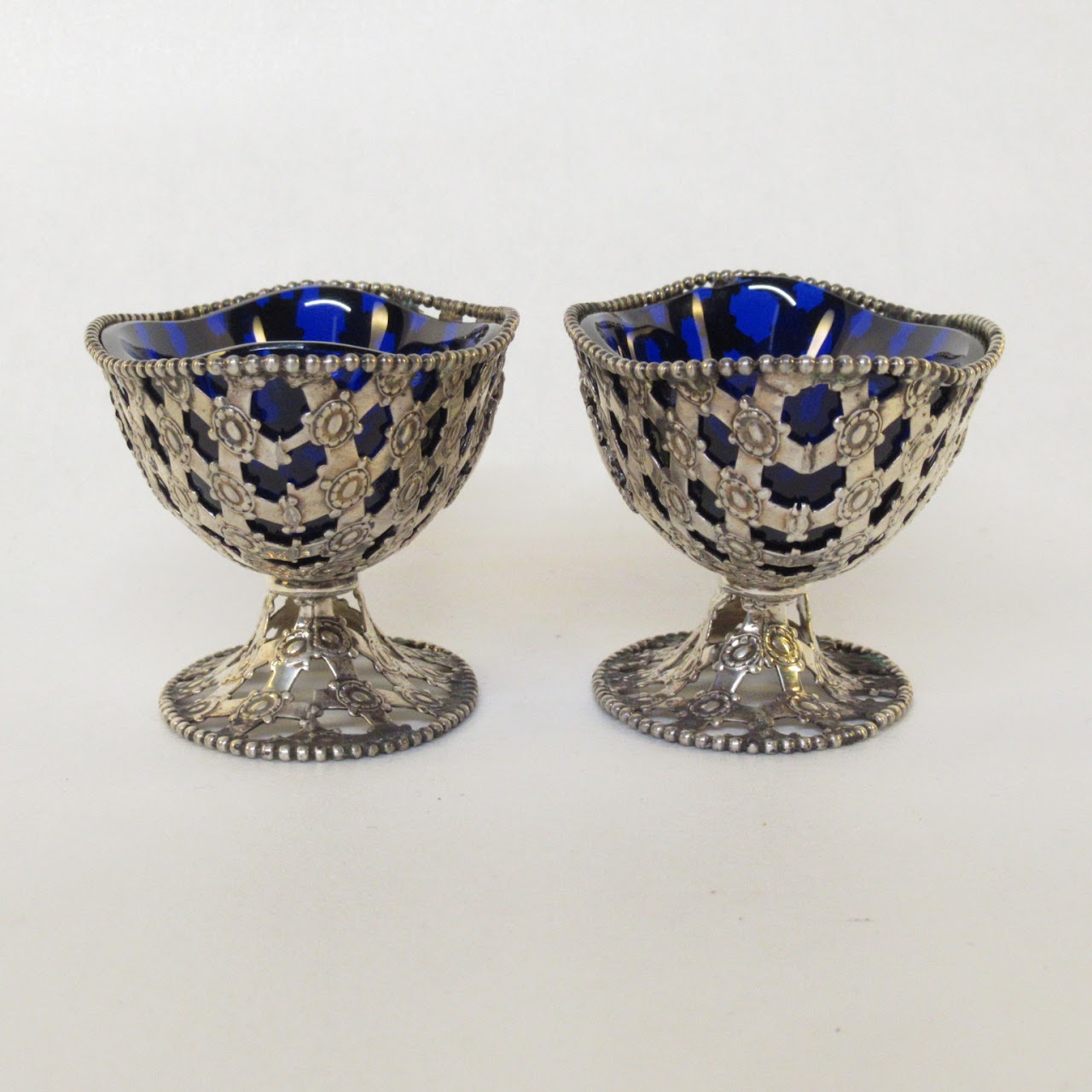 Sterling Silver & Cobalt Glass Pierced Salt Cellar Pair