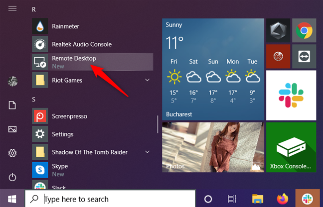 Il collegamento Desktop remoto dal menu Start di Windows 10