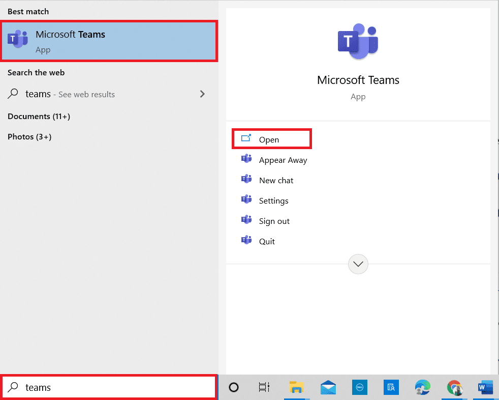 Druk op de Windows-toets.  Typ Microsoft Teams en start het.  Camera repareren werkt niet in teams