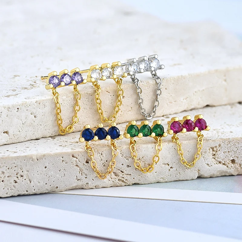 Sterling Silber Ohrketten mit einfacher Nadel und drei Zirkonia Anhängern – Elegante Ohrringe für Damen, leicht und stilvoll.