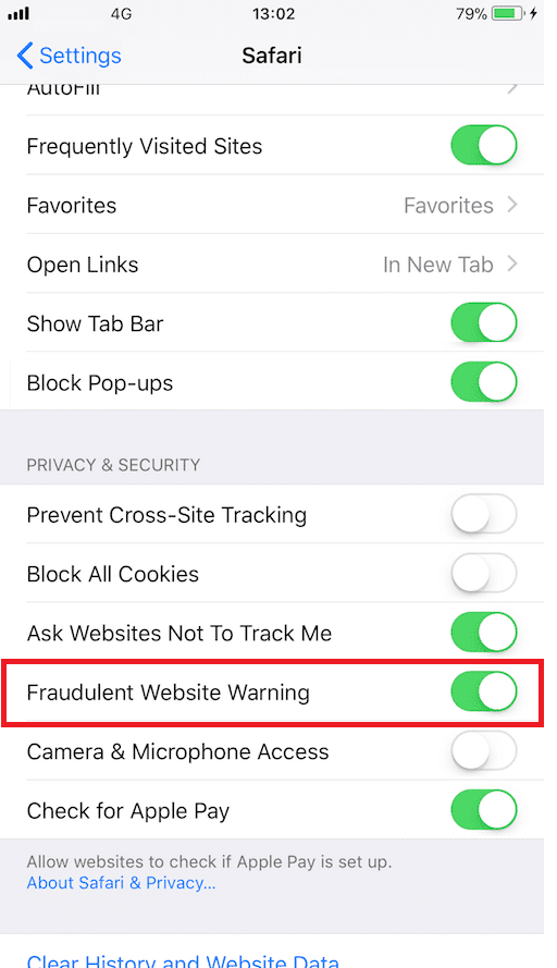 advertencia de sitio web fraudulento Safari iphone