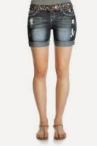 <br />WallFlower Juniors Belted Mid Thigh Destructed Denim Shorts