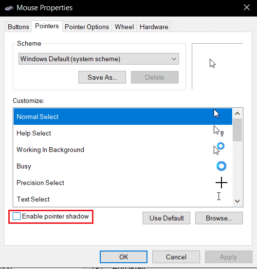 เปิดใช้งานเงาตัวชี้ในแท็บตัวชี้การตั้งค่าเมาส์  แก้ไข Windows 10 Bluetooth Mouse Lag