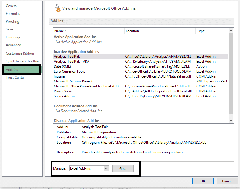 Seleziona i componenti aggiuntivi di Excel e fai clic sul pulsante Vai