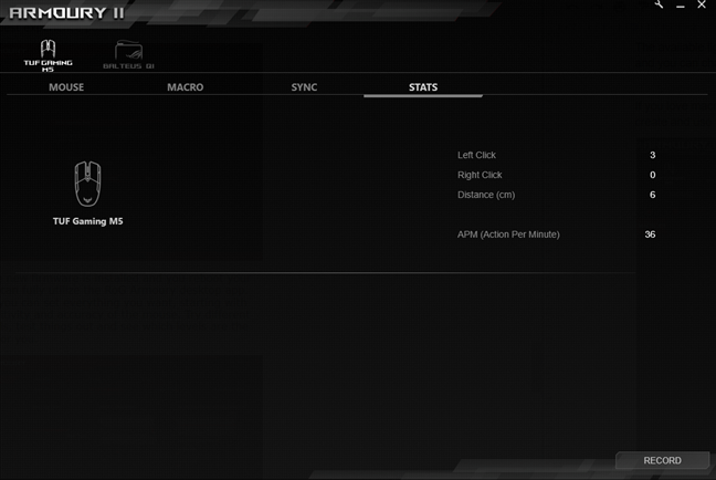 Registrazione delle statistiche per il mouse ASUS TUG Gaming M5