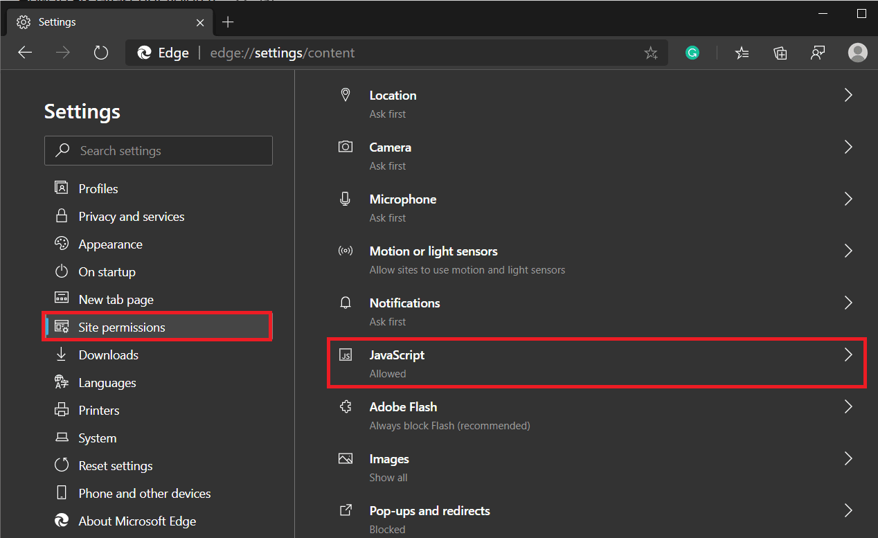 ในเมนูการอนุญาตไซต์ ค้นหา JavaScript และคลิกที่มัน