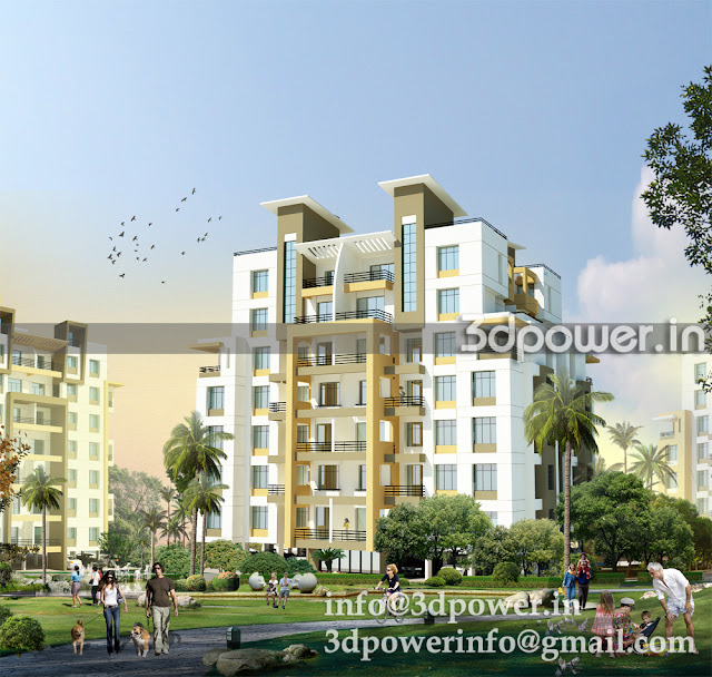 3D view of Apartment Building C Type with a jogging track view.