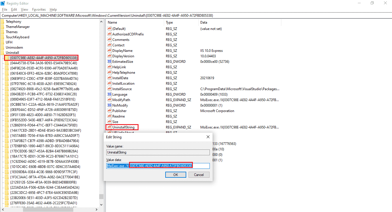 Ubique y haga doble clic en UninstallString en el panel derecho y copie los datos del valor