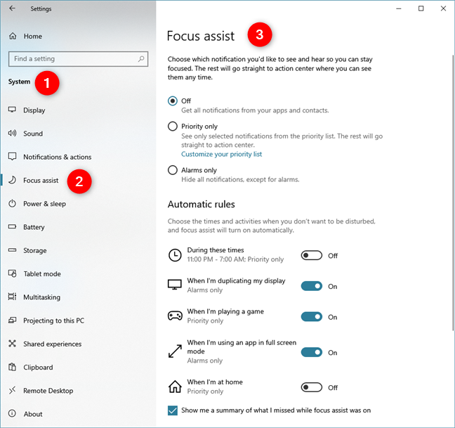 La página de asistencia de enfoque en la aplicación Configuración