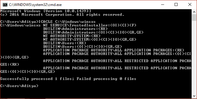 Comando ICALS para modificar la carpeta winsxs de descriptores de seguridad