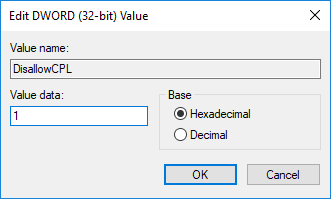 DisallowCPL DWORD를 두 번 클릭하고 값을 1로 변경합니다.