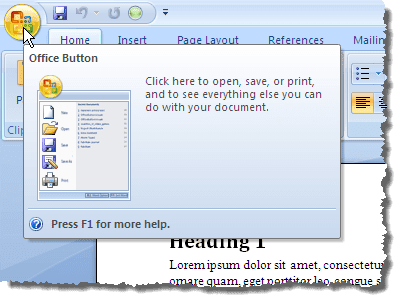 คลิกปุ่ม Office ใน Word 2007