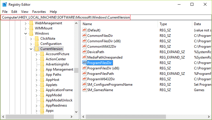 dubbelklik op ProgramFileDir om de standaard installatiemap in Windows 10 te wijzigen