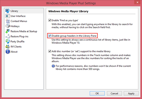 Windows Media Player Plus!, extra, paramètres