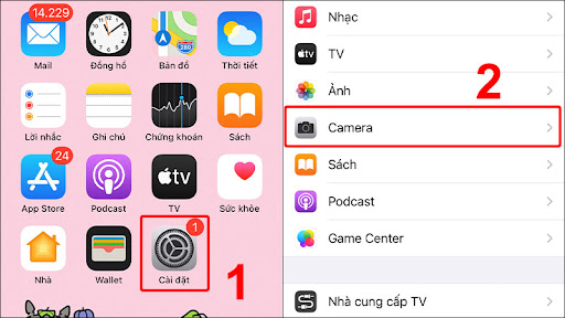 Vào Cài đặt và chọn Camera
