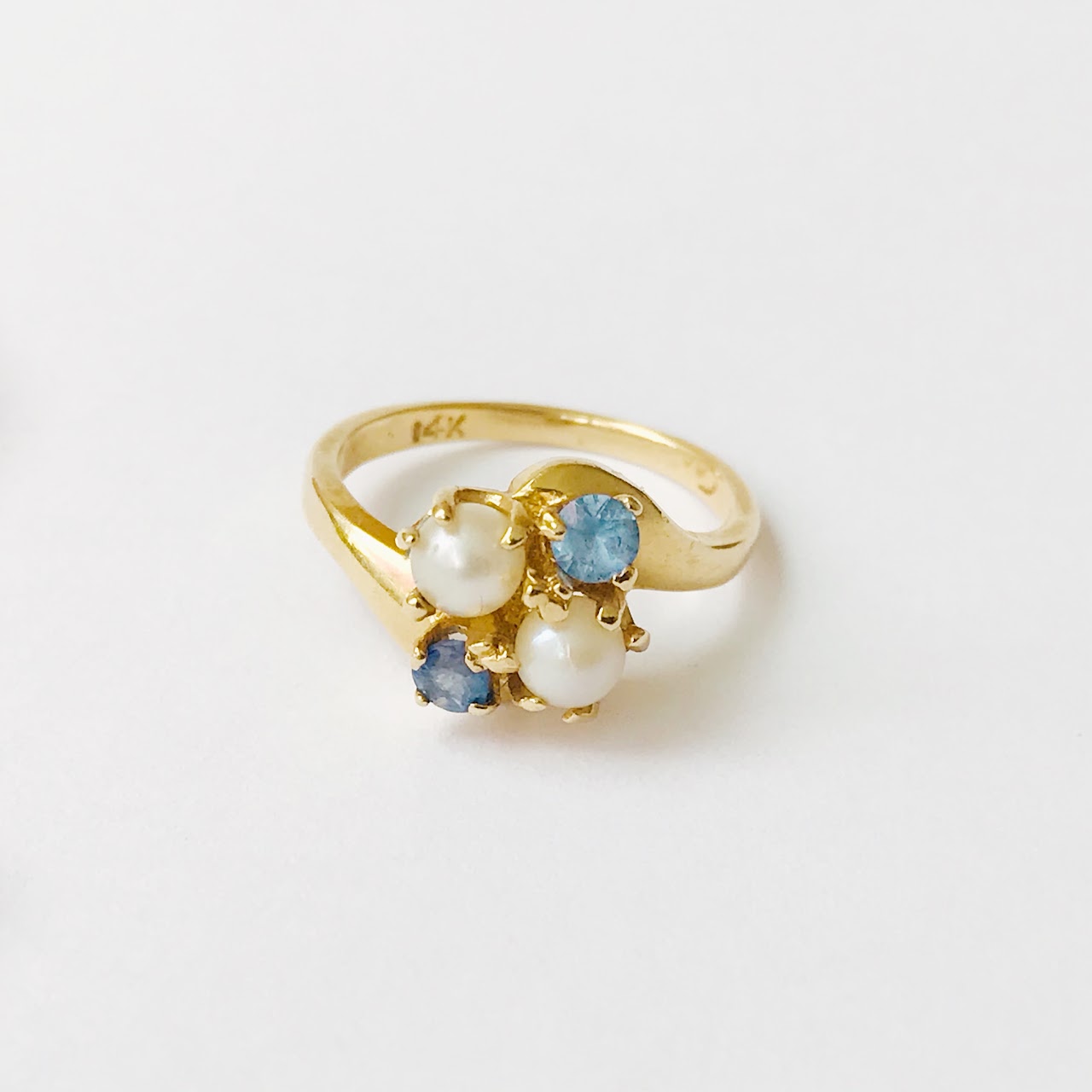 14K Gold, Sapphire, Aquamarine & Pearl Ring