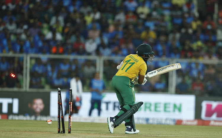 SA captain Temba Bavuma is bowled out by Deepak Chahar of India in the first T20 international at Greenfield International Stadium in Thiruvananthapuram, India on September 28 2022.