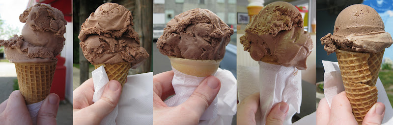 Five very different kiddie-sized chocolate ice cream cones: from left, Farmer's Daughters', Ice Cream Man, Snowman, Mac's, Moxie's